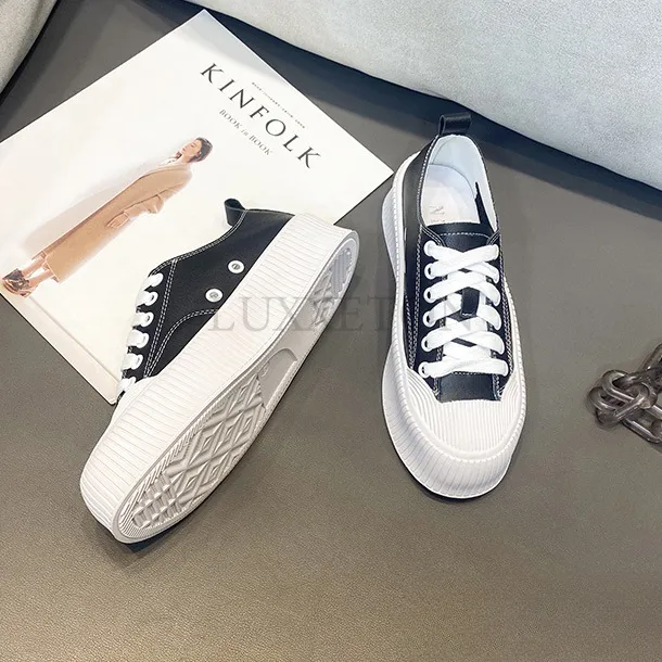 Genuine Leather Thick Sponge Cake Sole Canvas Shoe Mesh Surface For Comfortable Breathable Versatile Casual Board Shoes_voghion.com