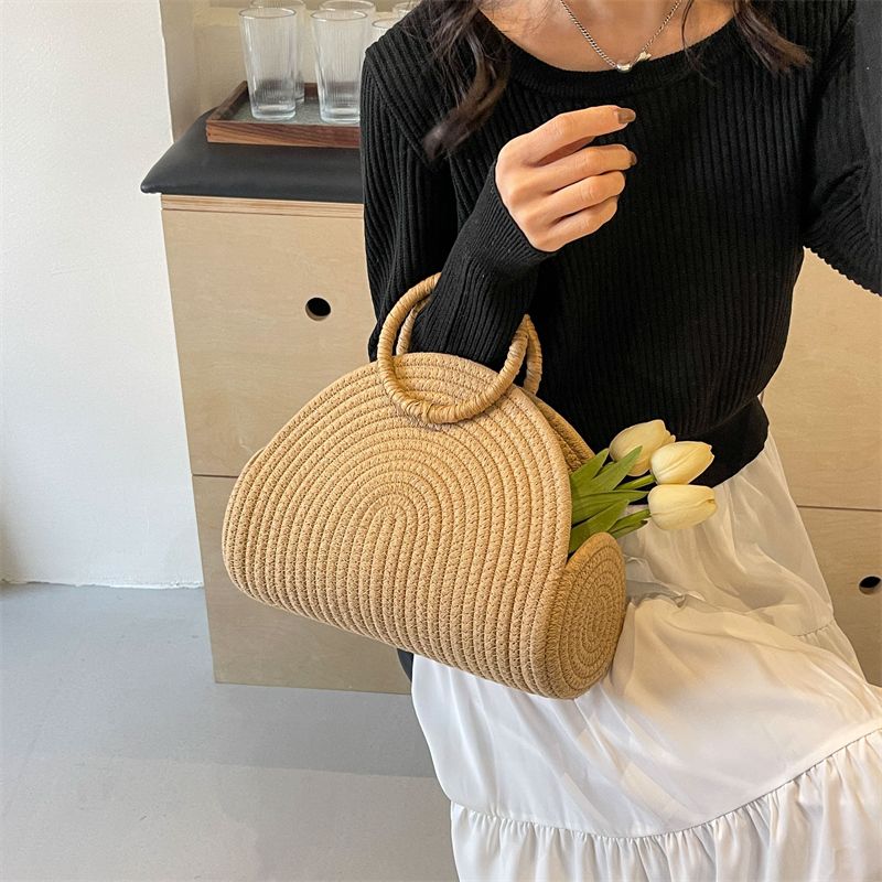 Women's Straw Solid Color Classic Style Weave Pillow Shape Open Beach Bag_voghion.com