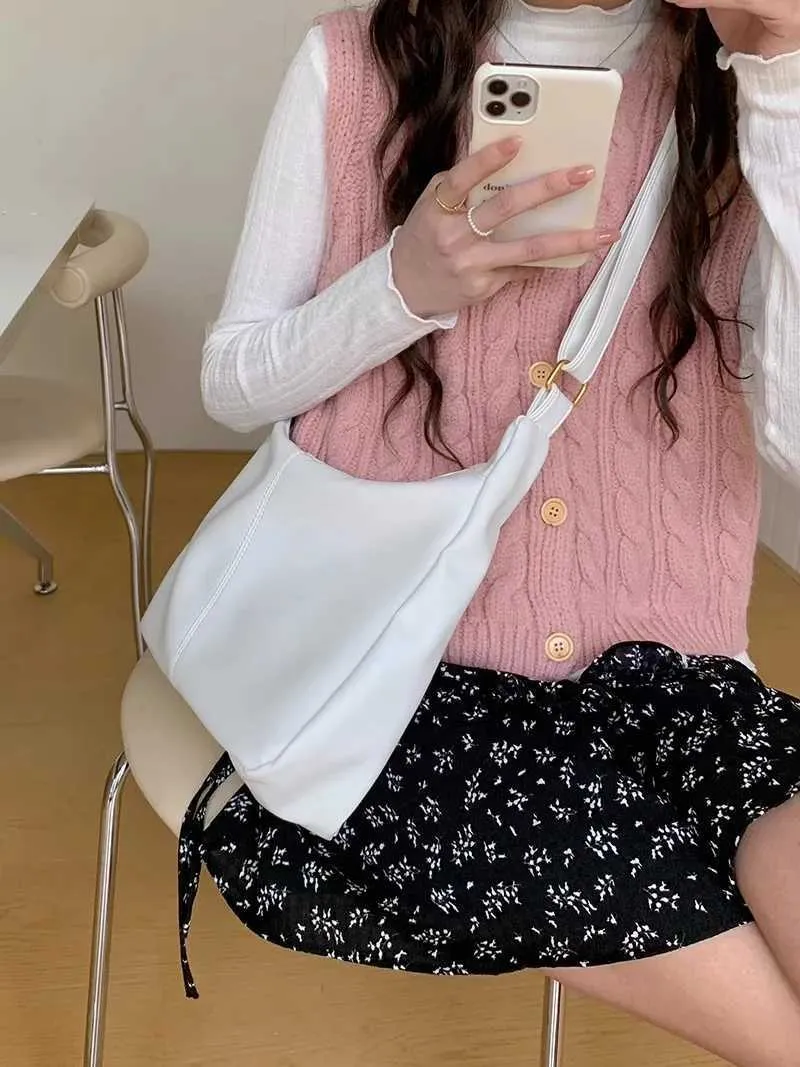Dolce borsa a tracolla coreana alla moda per studentesse, semplice, di colore bianco, carina, ad alta capacità, libro C241210_voghion.com