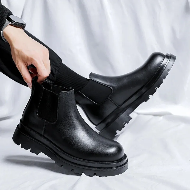 Men's Platform Chelsea Boots Leather High Top Elevator Shoes_voghion.com