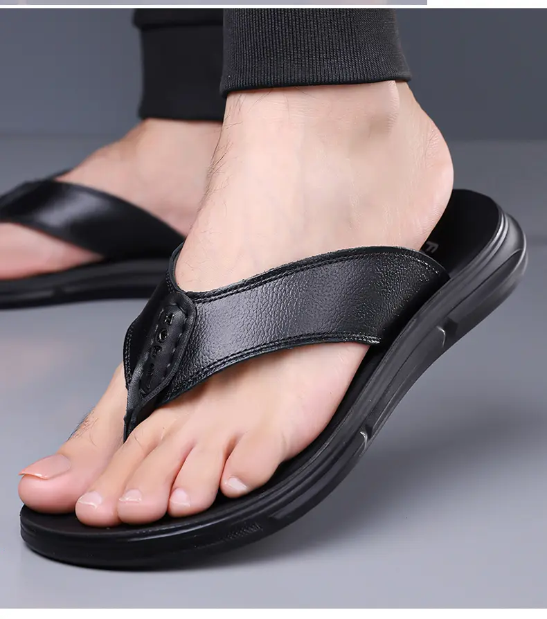Sandálias de couro bovino de primeira camada, chinelos casuais de verão com estampa espinha de peixe, ideais para uso externo._voghion.com