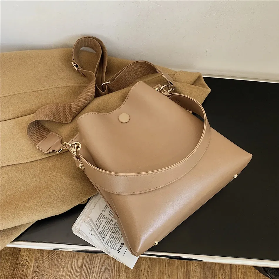 Elegante Damen Bucket Bag Aus Leder Mit Breitem Schultergurt_voghion.com