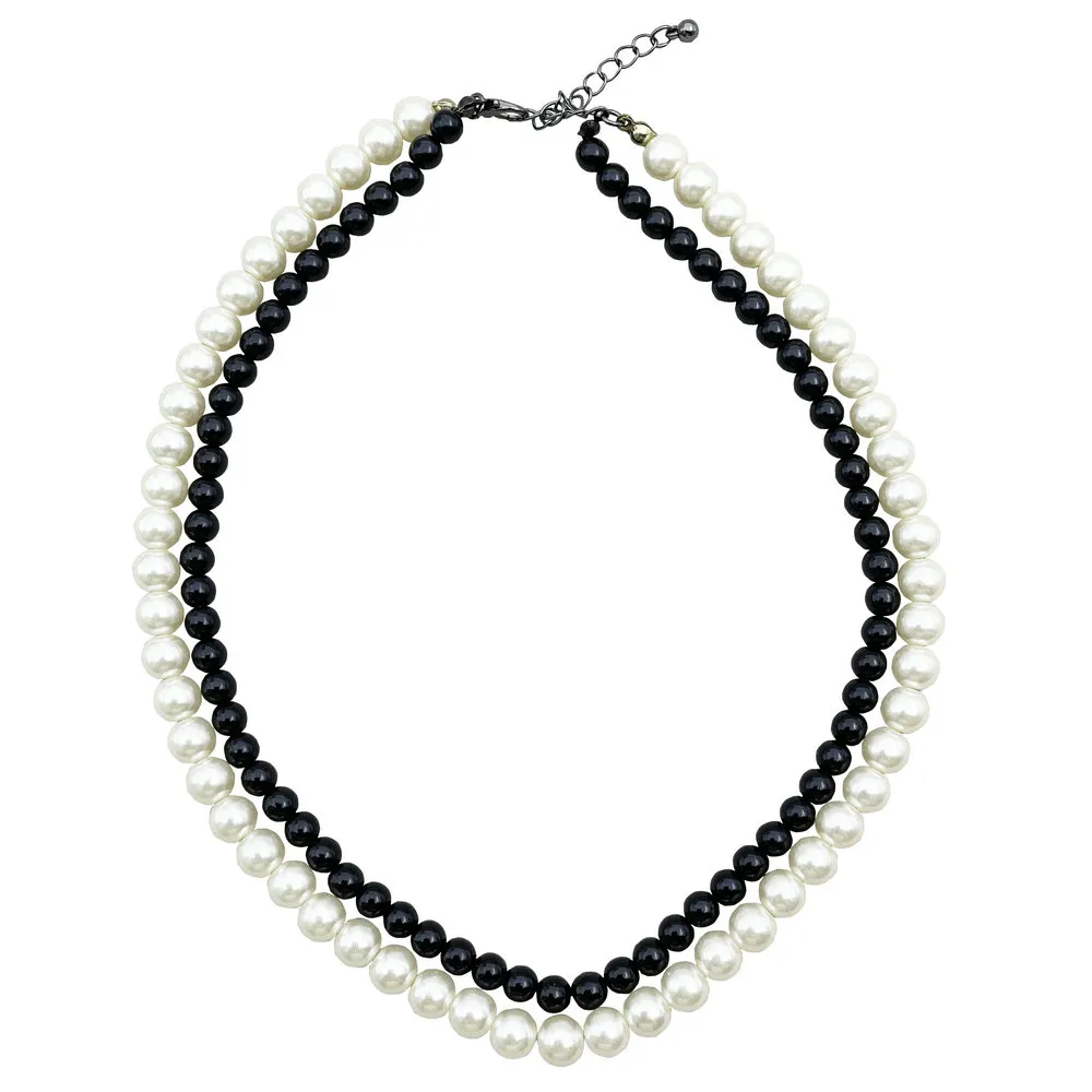 Ketten M158 Modeschmuck Schwarze Perlen Weiße Perle Doppelschichtige Halskette Frauen_voghion.com
