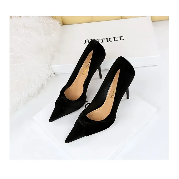 Women's Suede Pointed Toe Bow High Heels For Evening Banquet_voghion.com