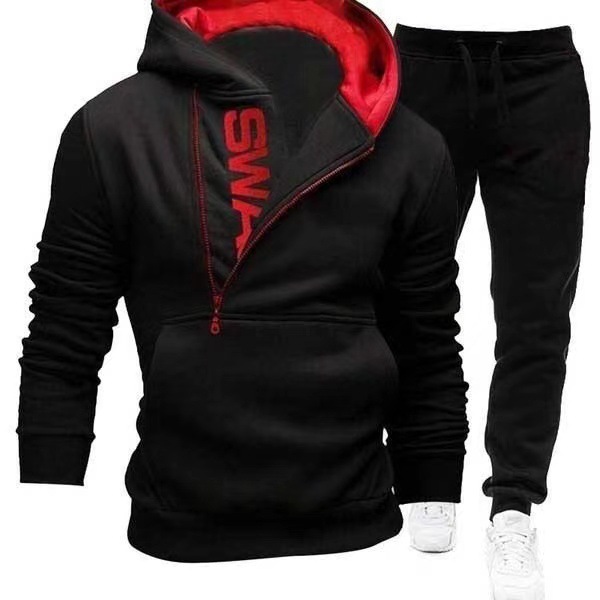 New men's hooded diagonal zipper printed pullover two-piece hoodie pants outer set_voghion.com