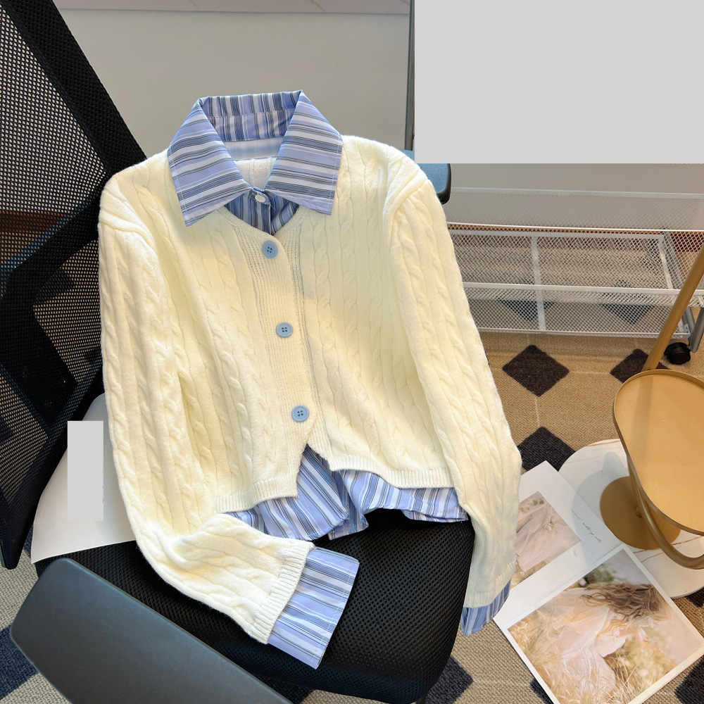 Women's Clothing Striped Shirt Splicing V Neck Sweater Women's Autumn And Winter Design Small Knitted Jacket