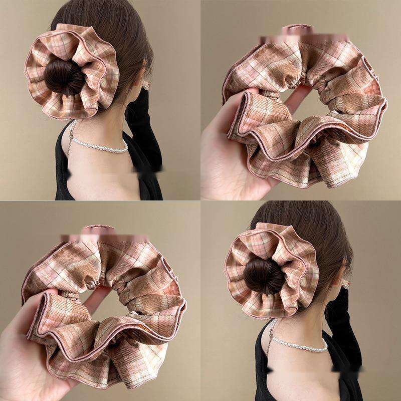 Elastico per capelli a quadri rosso vino stile coreano per code_voghion.com