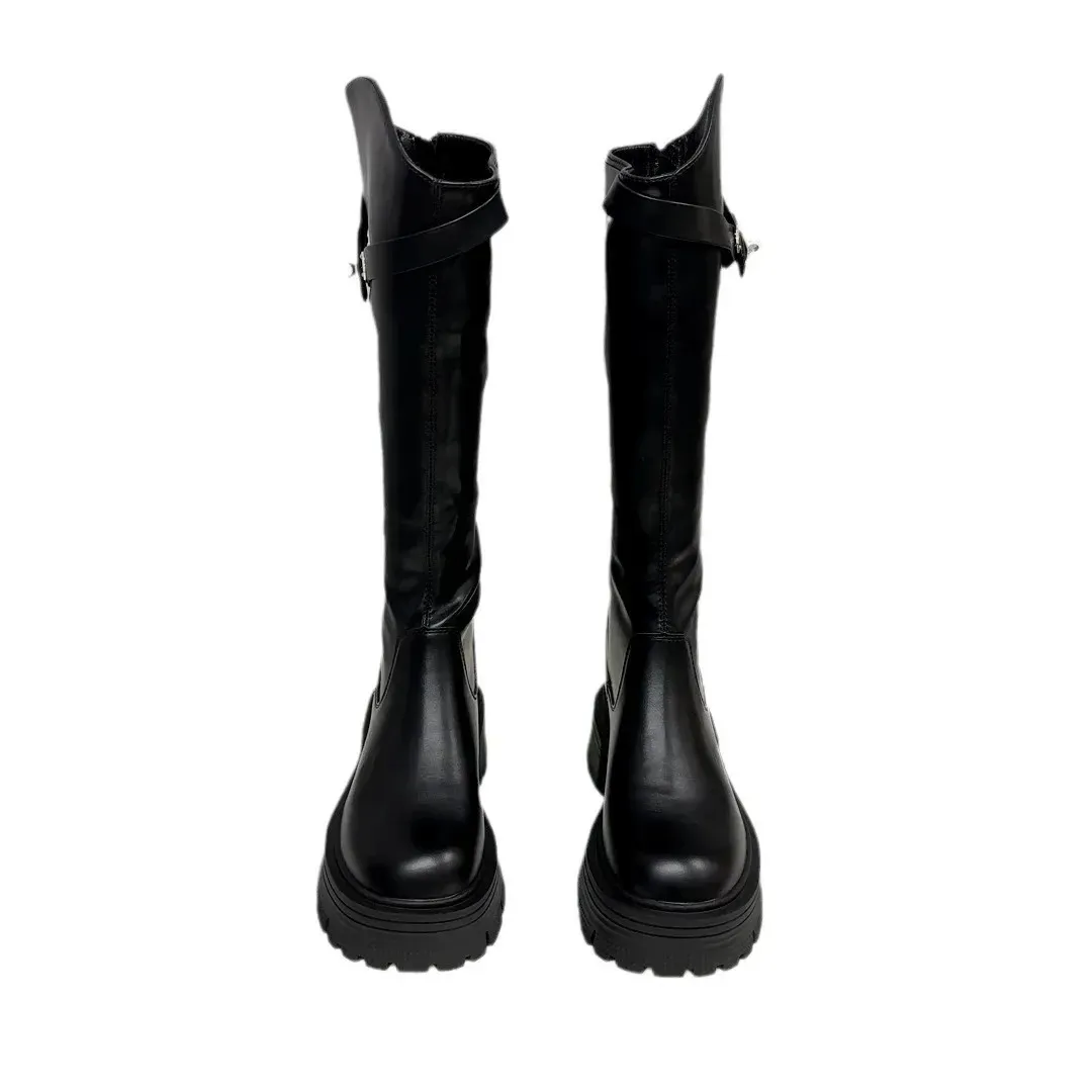 Cizme damă cu platformă până la genunchi, toamnă și iarnă, din piele, din denim, pantofi casual la modă pentru femei, 241024_voghion.com