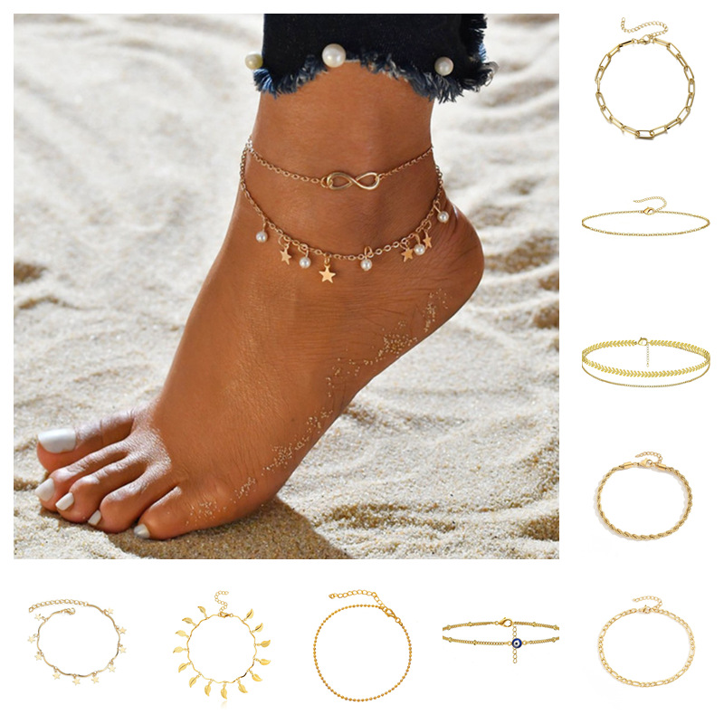 Colección de cadenas de verano ajustables de estilo bohemio con múltiples accesorios de aleación de moda para pies de playa