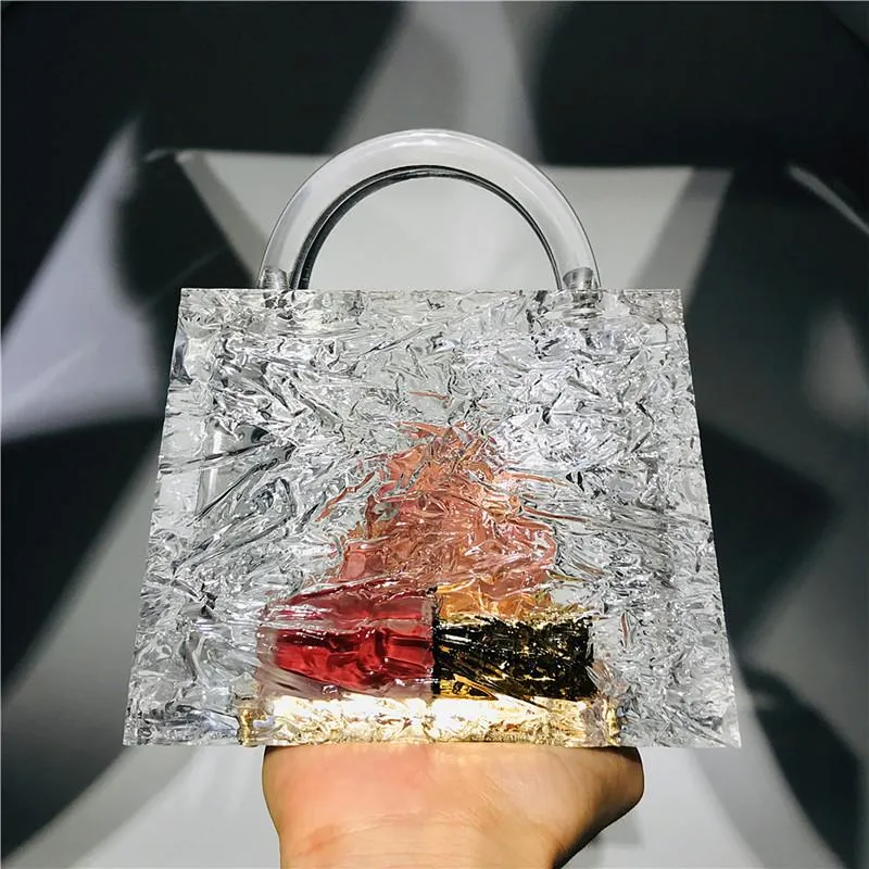 Transparent Ice Crack Handbag Crystal Clear Clutch For Women Party Evening Bucket Bag With Acrylic Chain 2024_voghion.com