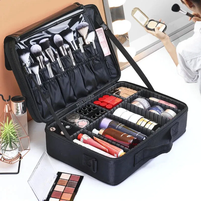 Borsa per il trucco in tessuto Oxford di grande capacità con scomparti per donne Custodia per cosmetici da viaggio 240830_voghion.com