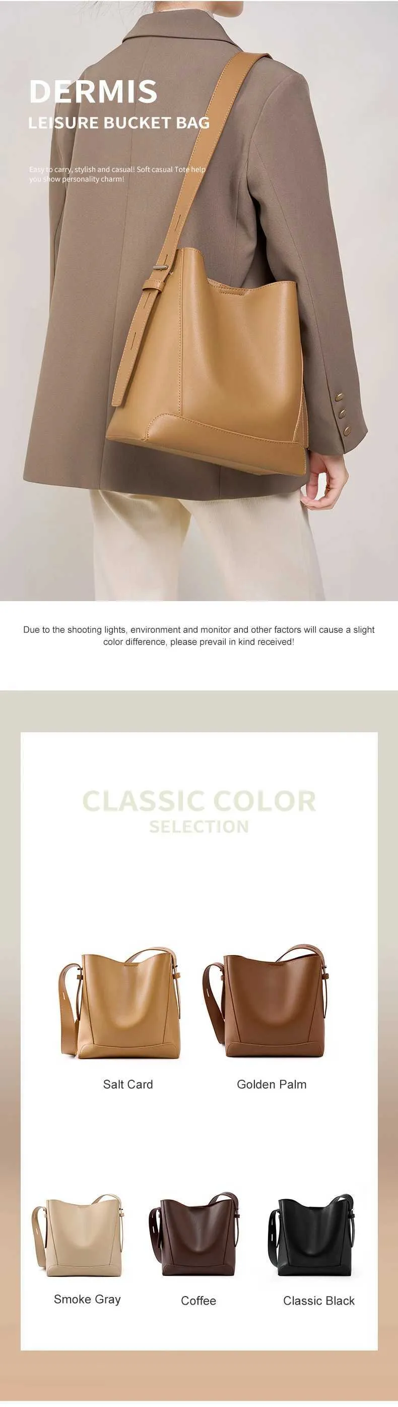 100% genuine leather shoulder large capacity denim bucket fashionable and casual womens cross bag 2391 Y241121_voghion.com