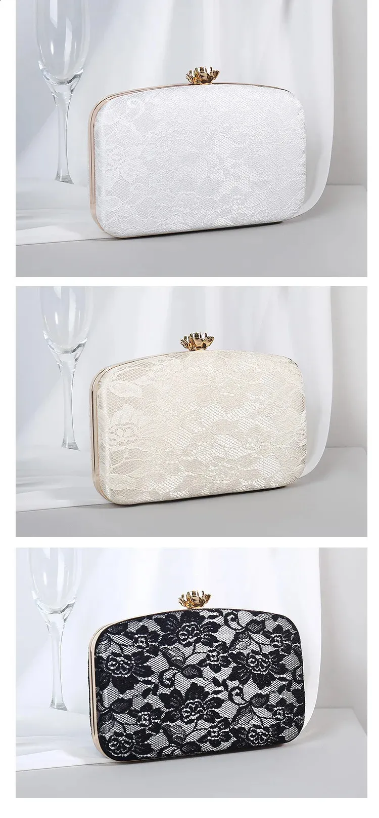 Damen Rosa Spitze Abend Clutch Handtasche Metall Rose Knopf Umhängetasche Kette Braut Geldbörse Bolsas 240827_voghion.com