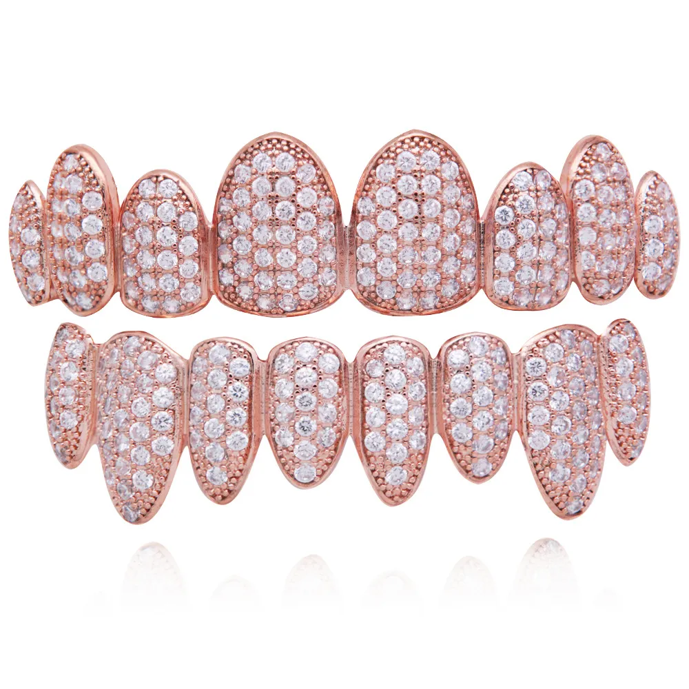Rose Weißgold Vampir Grillz Iced Out Fang Grills Voller bunter Durchmesser Cosplay Zahnkappe Zahnspange_voghion.com