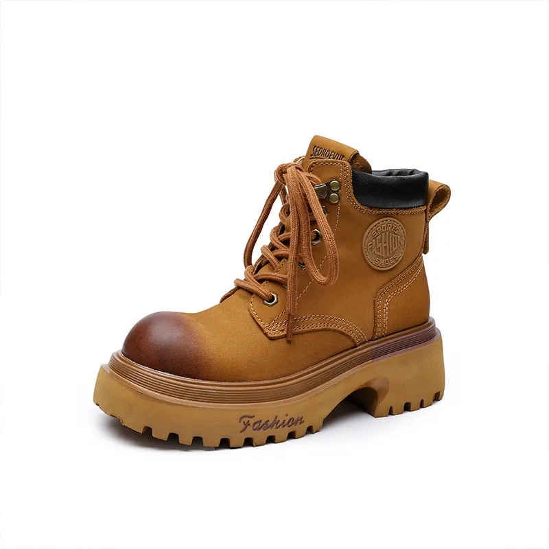 Genuine Leather Motorcycle Boots For Women Round Toe Thick Sole_voghion.com