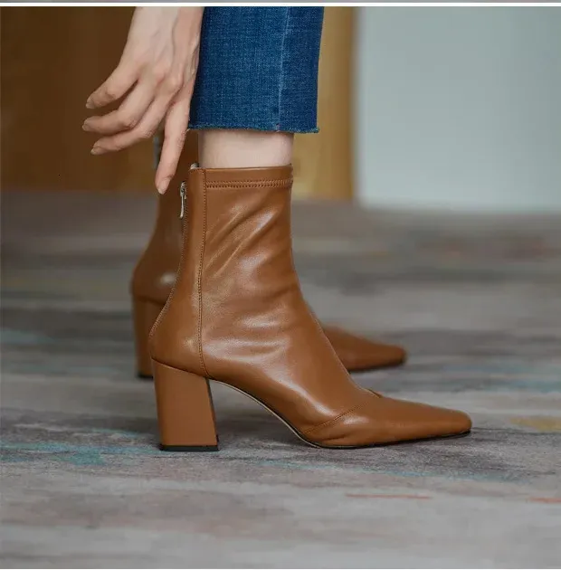 Vintage Dicke Frauen Stiefeletten Heels Boot Mode Spitzschuh Reißverschluss Winter Damenschuhe Leder Braun Kurze Booties_voghion.com