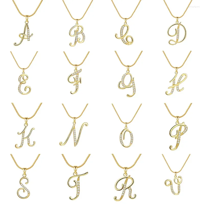 Colliers pendentifs personnalisés CZ A-Z Alphabet Collier Bijoux Plaqué Or Lettre Initiale Cursive Vieil Anglais_voghion.com