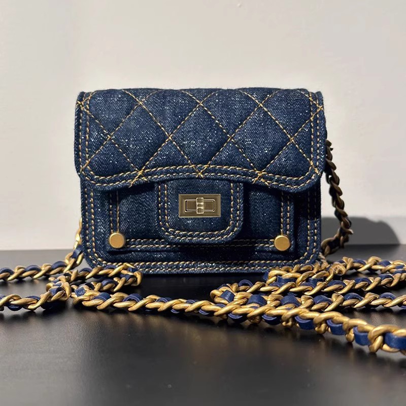 Image of 2023 new casual washed denim mini headphone bag with chain decoration crossbody bag, lipstick bag, women's trend