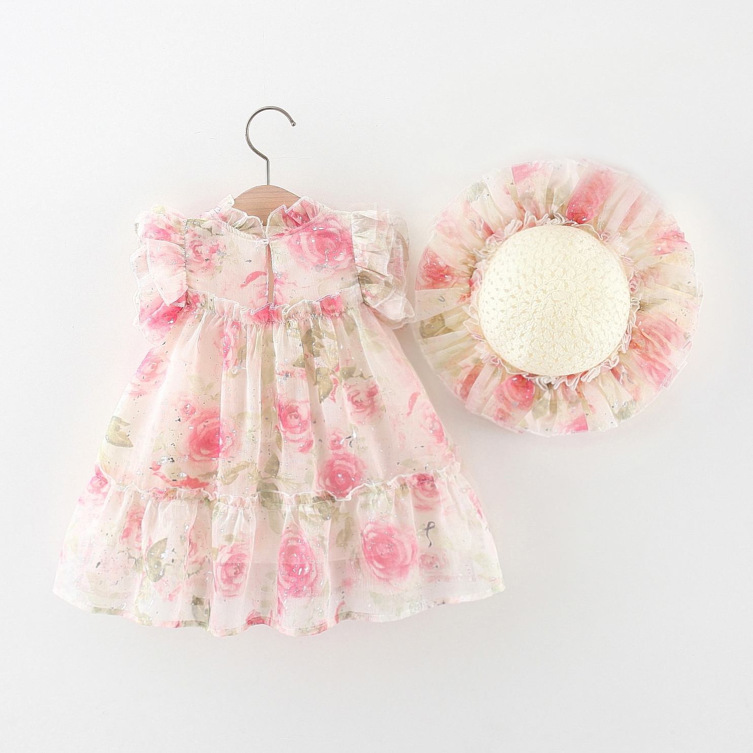 Baby Yellow Dress Baby Girl Rose Flower Printed Chiffon Princess Dress Send Beach Hat_voghion.com