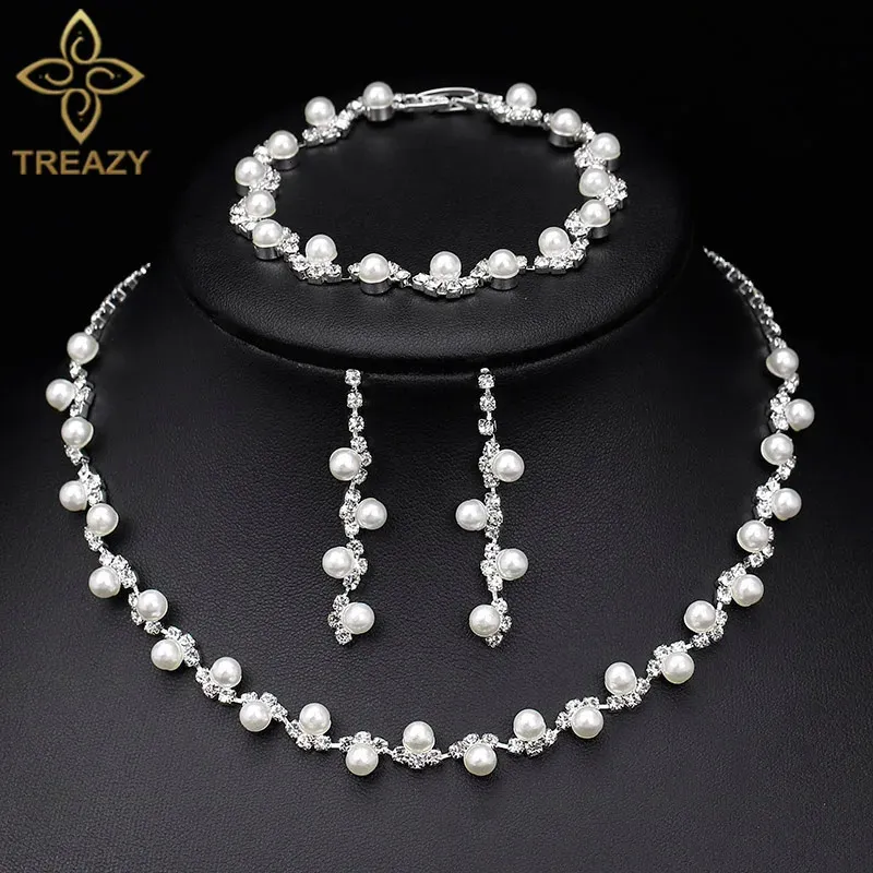 Conjuntos de joyas de boda TREAZY Sier Color Rhinestone Cristal nupcial para mujeres Collar Pendientes Pulsera Conjunto Accesorios_voghion.com