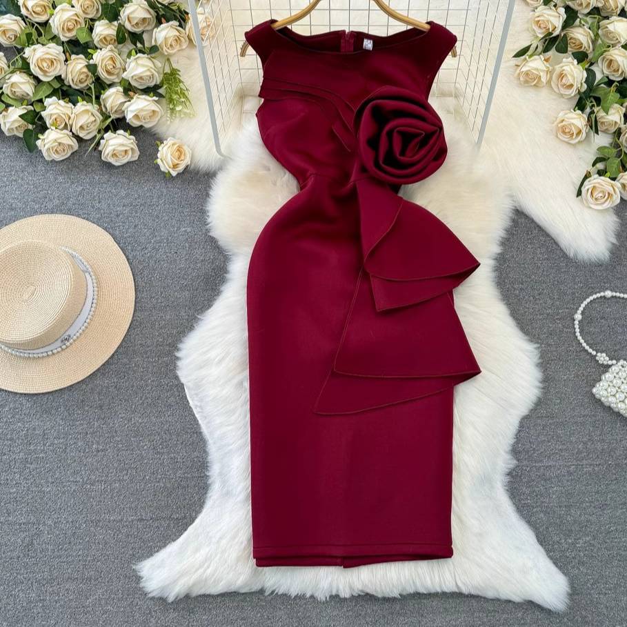 ​​"Women's Elegant 3D Floral Sheath Dress, High-Waisted Bodycon Midi Dress With Spandex Stretch, Off-Shoulder Sleeveless Cocktail Dress_voghion.com