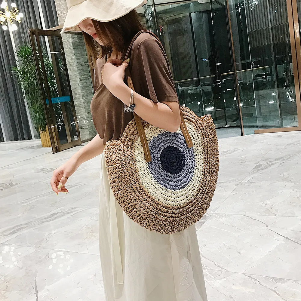 Borsa a tracolla rotonda estiva da donna in rattan intrecciato, in paglia, fatta a mano, da spiaggia, per la spesa, con manico superiore_voghion.com