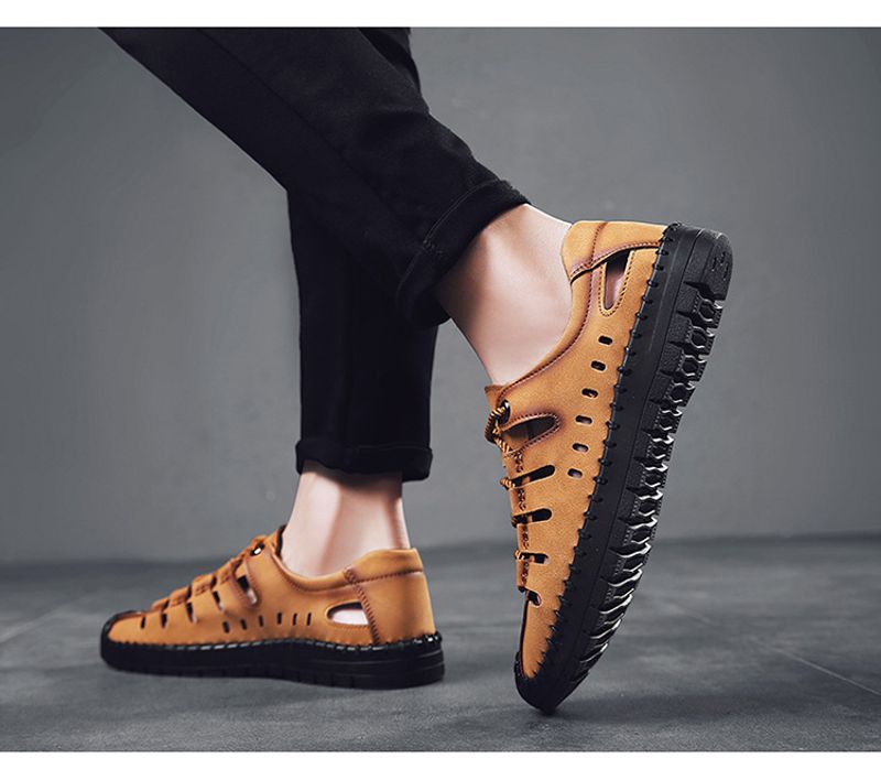 Sommer nye herresandaler, udendørs strand håndlavede hule åndbare fritidssko med hul, snørebånd indpakkede lædersko_voghion.com