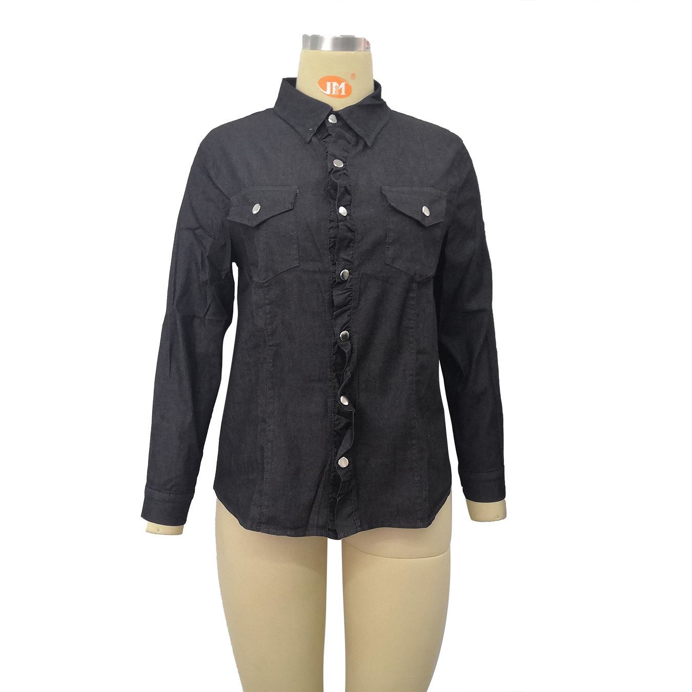 Langärmlige Jeanskleidung für Damen, mittellanges neues Jeanshemd für Damen_voghion.com