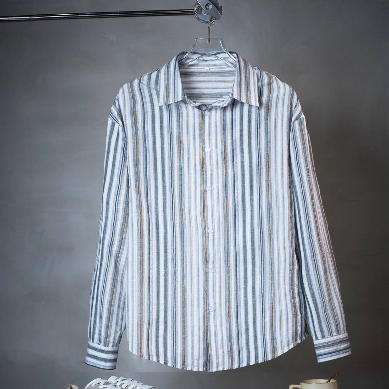 Men's Slim Fit Striped Shirt – Vintage-Inspired Wrinkle-Free Long Sleeve For Old Money Aesthetic & Urban Style"​_voghion.com