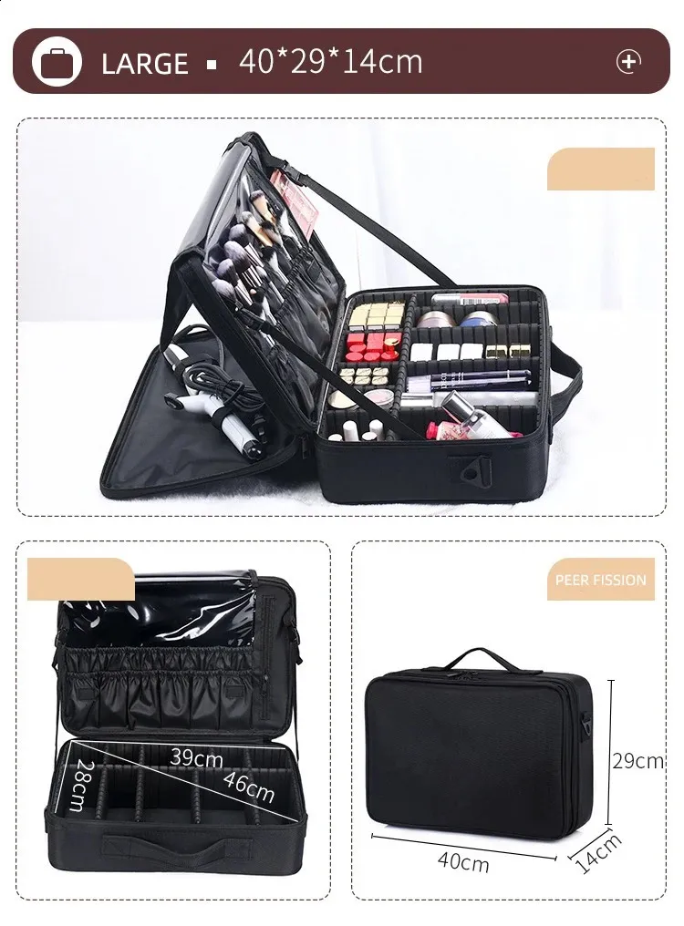 Borsa per il trucco in tessuto Oxford di grande capacità con scomparti per donne Custodia per cosmetici da viaggio 240830_voghion.com