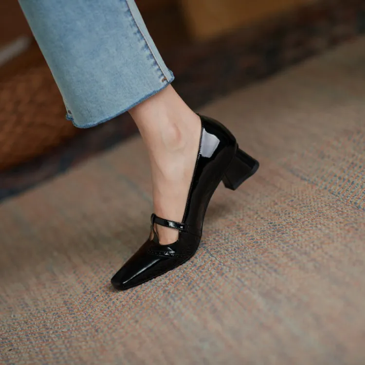 Shoes Spring/Autumn Patent Leather Solid Color T-shaped Buckle Pumps Square Toe Chunky Heel Versatile Mary Jane For_voghion.com