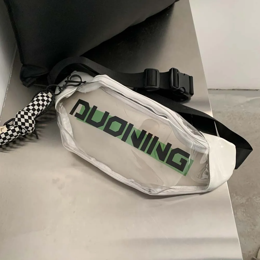 Fashion Fanny Packs Unisex Clear PVC Waist Pouch Multi-functional Letter Printed With Pendant Adjustable Buckle Strap_voghion.com