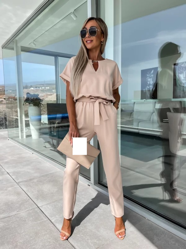 Women's New V-neck Short Sleeve Copper Tube Decorative Belt Jumpsuit Nine-point Pants