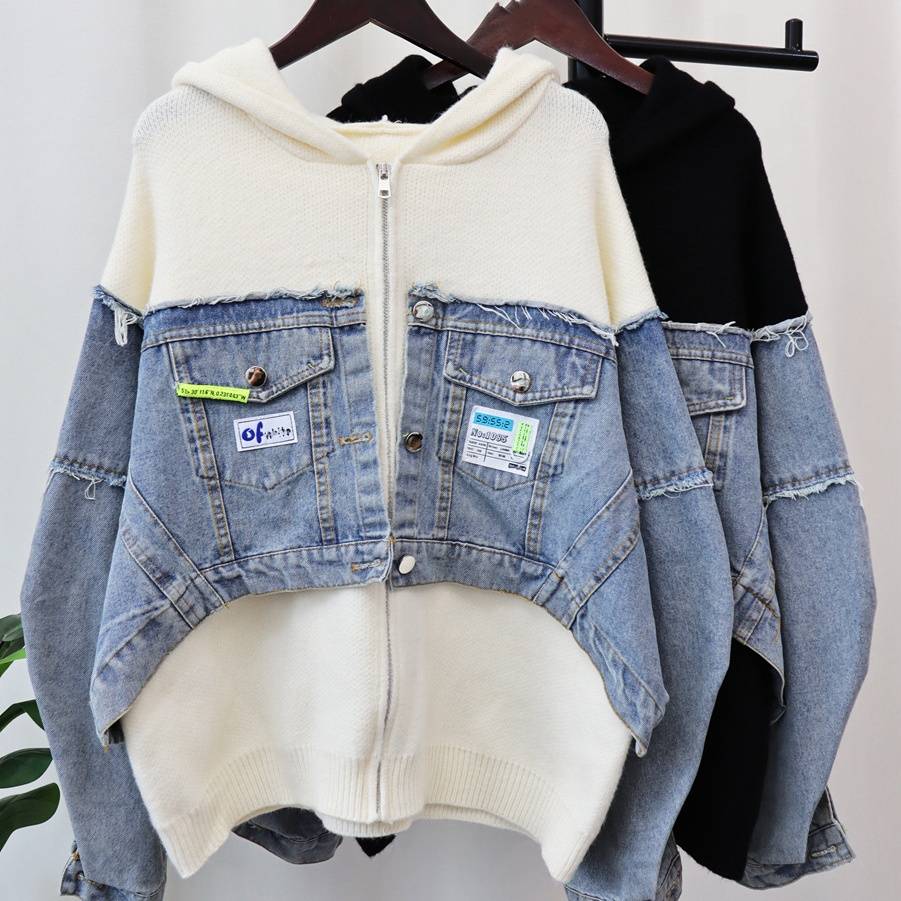 Vêtements pour femmes automne et hiver nouveau cardigan tricoté en denim patchwork