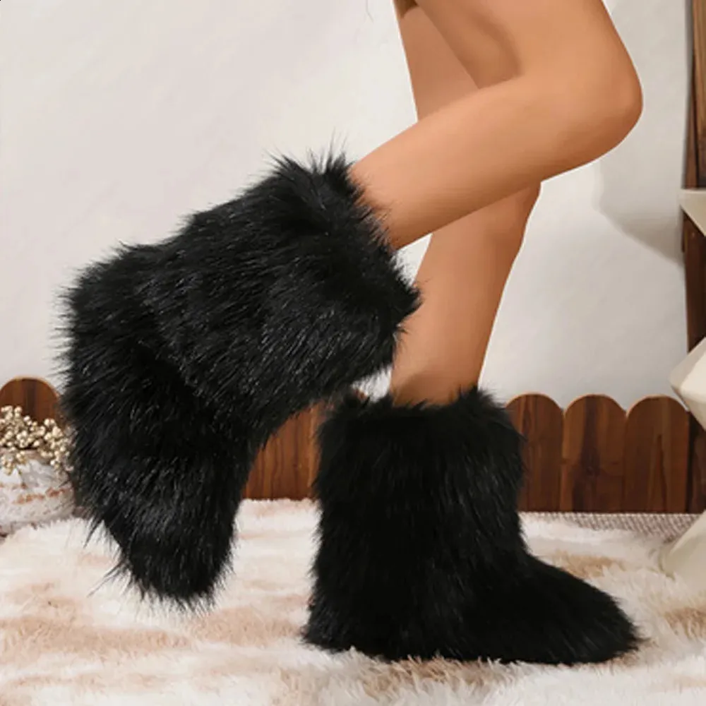 Womens winter fluffy  fur mid calf snow boots Y2K fashionable warm womens shoes outdoor 240907_vogvips.com
