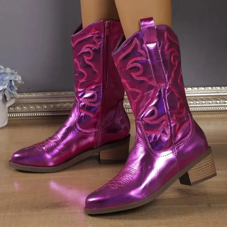 Bottes mi-mollet dorées avec fermeture éclair latérale et coin argenté Bottes noires en denim western rétro à la mode Grande taille 3-43 pour femmes_voghion.com