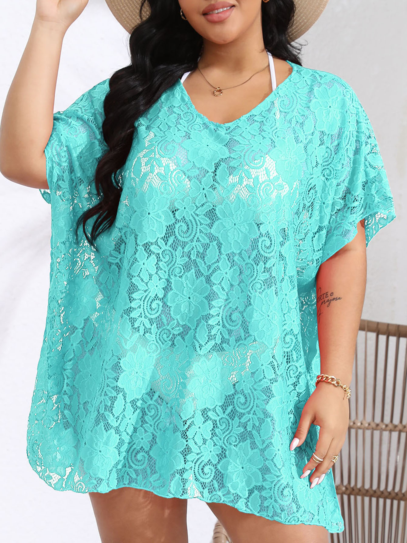 Plus größe frauen kleidung sexy spitze hohl sehen-durch V-ausschnitt split strand kleid bluse_voghion.com