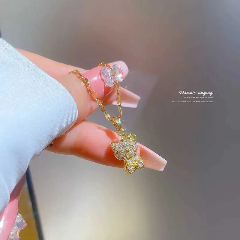 Halsketten Edelstahl Gold Farbe Überzogene Anhänger Liefert Micro Pave Zirkon Schöne Katze Bowknot Liebe Halskette Für_voghion.com