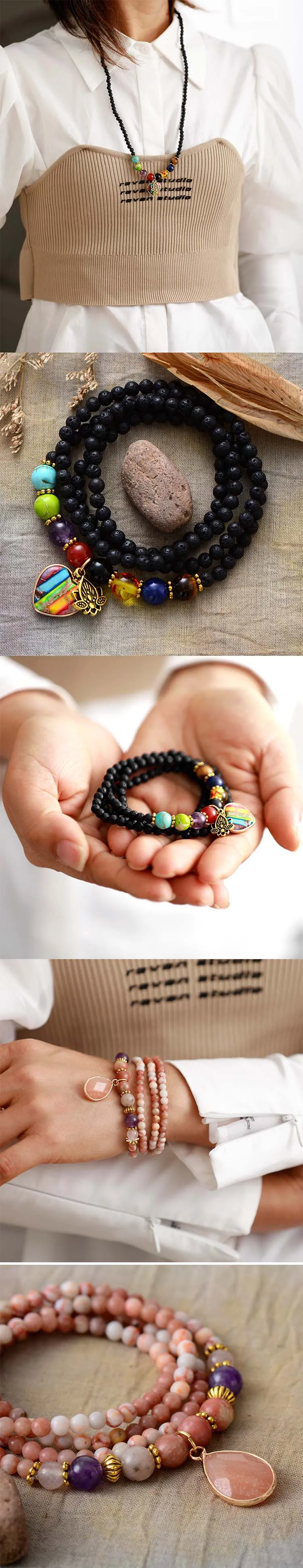 Collares colgantes con piedra de lava, equilibrio energético, chakras, corazón, dije, collar de cuentas para mujer, pulseras elásticas de yoga._voghion.com