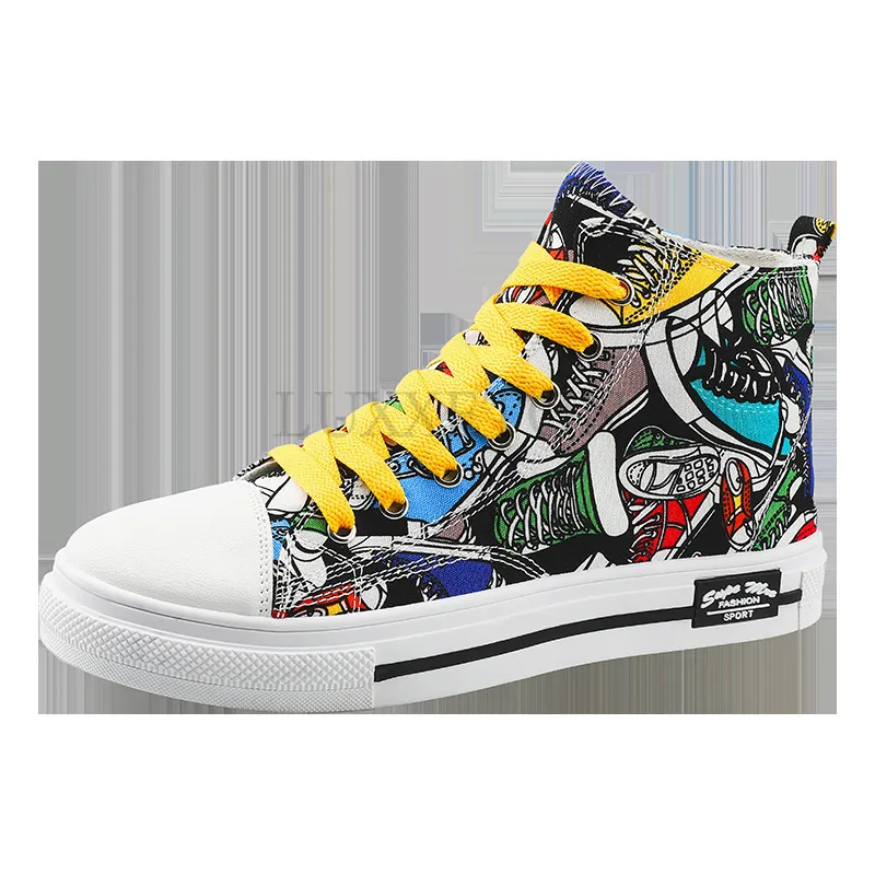 Zapatos de lona con grafiti callejero, punta redonda y suela plana para parejas, transpirables, antideslizantes y de moda._voghion.com