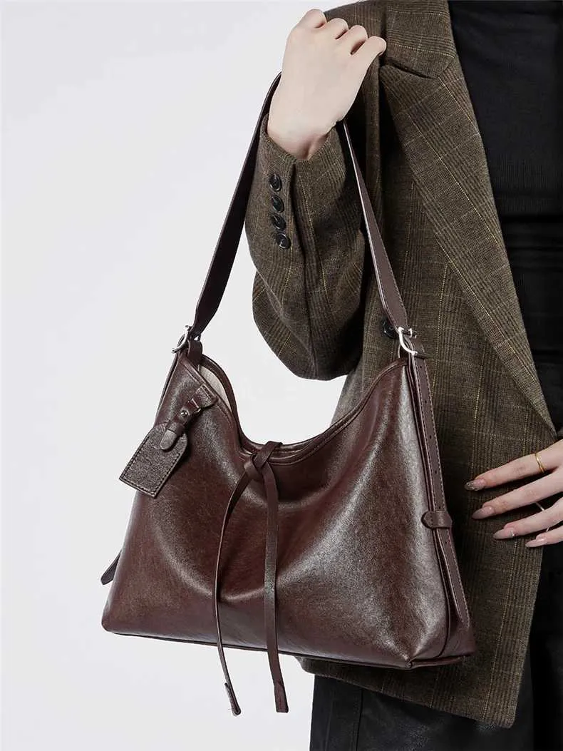 Toptrends Vintage Echtes Leder Große Unterarm Schulter Taschen Für Frauen 2024 Designer Einfache Weibliche Tote Hobo Damen_voghion.com
