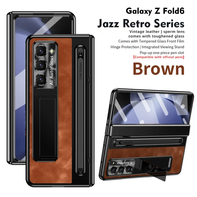 Vintage bőr telefontok Samsung Galaxy Z Fold 6 5 4 3 Fold6 Fold5 Fold4 Fold3 Kickstand védőburkolattal (nem_voghion.com