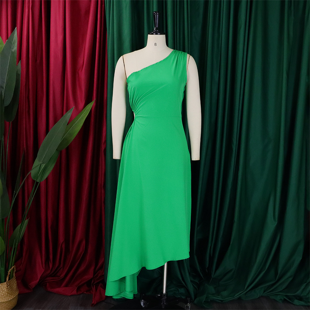 Women's Clothing new one shoulder hollow solid color irregular large size dress_mkmklike.com