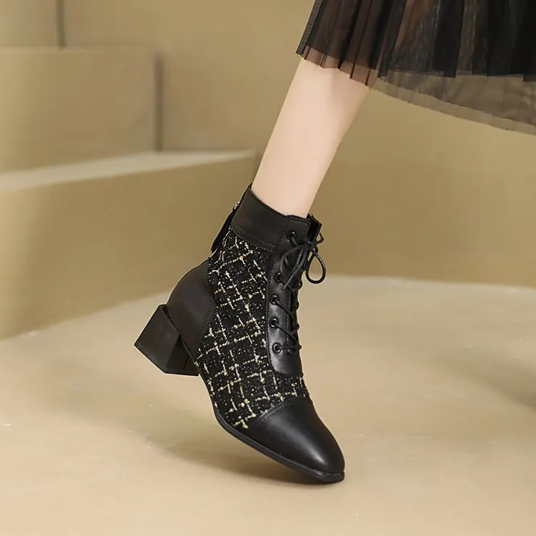 Stivali da donna alla moda con tacco alto, allacciati sul retro, con cerniera, a quadri con mille uccelli, spessi e quadrati, versatili_voghion.com