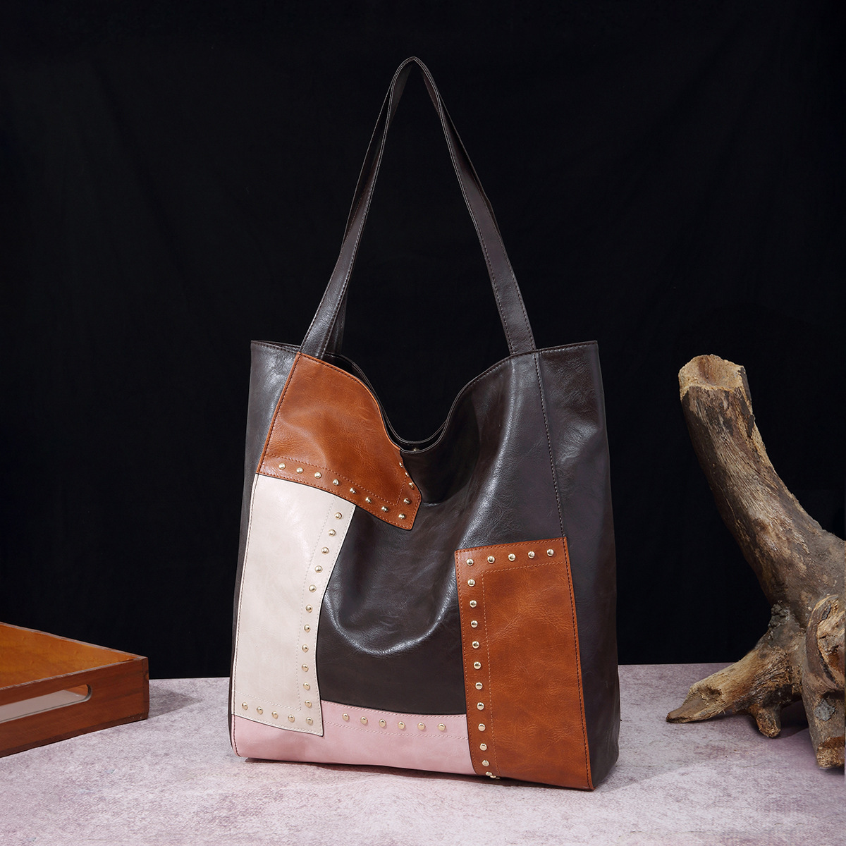 Borsa da donna, stile retrò, con rivetti, cuciture a contrasto, grande capacità, borsa a tracolla da donna_voghion.com