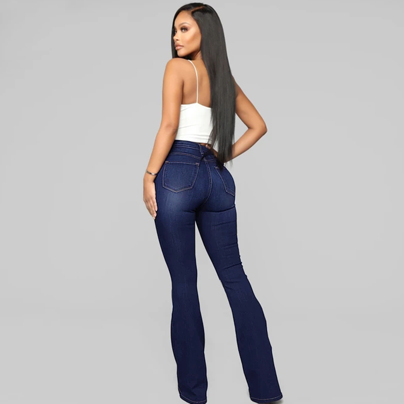 Roupas femininas clássicas cintura alta slim fit jeans calças ferradura_voghion.com