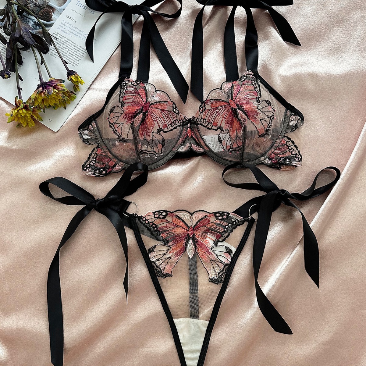 Kajiano's Cross Border Foreign Trade Hot Selling New Butterfly Embroidered Suspender Transparent Mesh Temptation Girl's Emotional Fun Suit_voghion.com