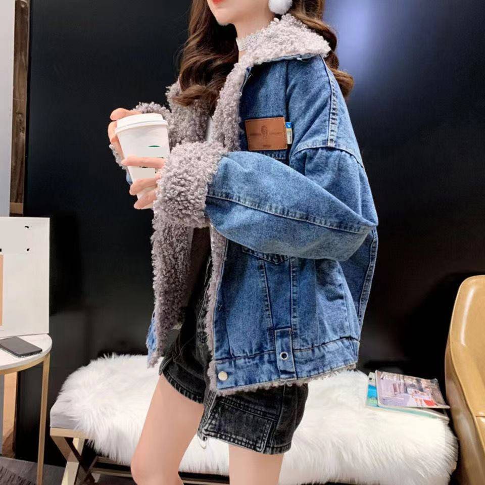 Women's Plush Denim Jacket Loose Lamb Wool Coat For Winter_voghion.com