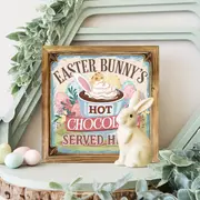 Rustic Easter Bunny Hot Chocolate Sign - 8x8" Farmhouse Wall Art. Perfect For Kitchen, Bedroom Or As A Charming Housewarming Gift._voghion.com