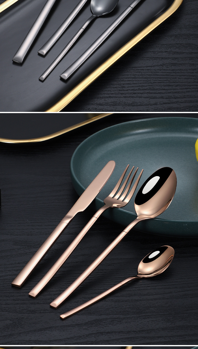 24 of stainless steel tablew, steak knives, forks, spoons, 4 main pieces set, knight Western style gold-plated_voghion.com